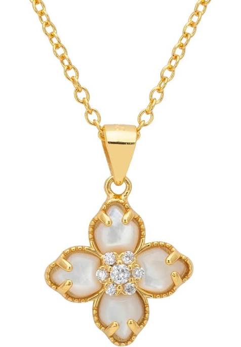 Latelita Sterling Silver and 18ct Gold Flower Clover Pendant Necklace with Mother of Pearl